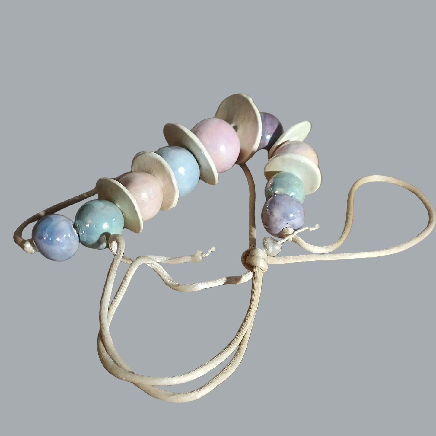 Pastel Glazed Ceramic Bead Necklace Adjustable 24” Tie Cord Statement 5oz