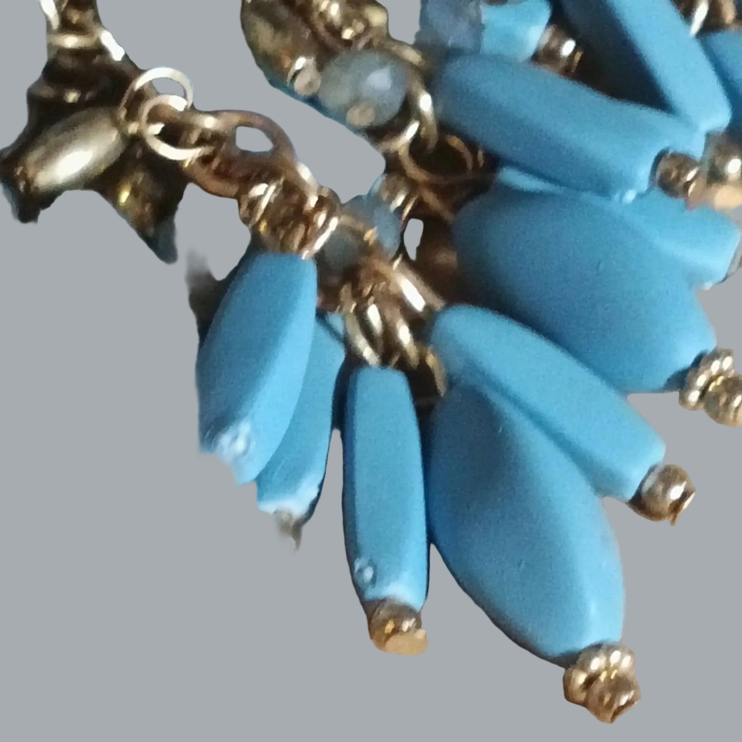 Goldtone Blue Spike Fringe Statement Necklace Gray Faceted Beads