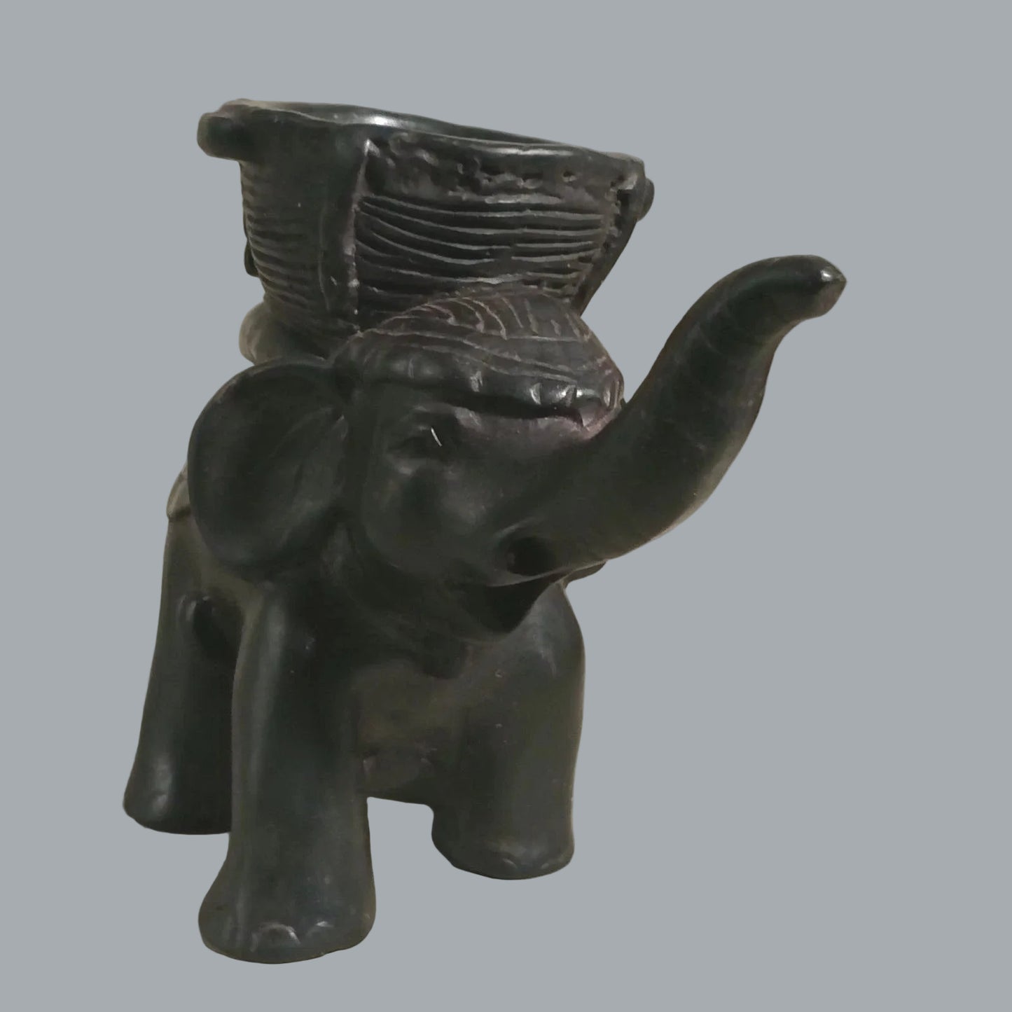Vintage Elephant Basket Figurine Tribal Style Resin Safari Decor 5"