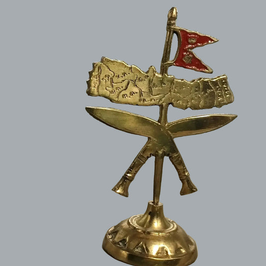 Vintage Brass Nepal Souvenir Map w/ Crossed Khukuri & Double Pennant Flag 6”