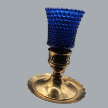 Load image into Gallery viewer, Pair of Vintage Brass Candlestick Holders &amp; Blue Hobnail Glass Hurricane Shades
