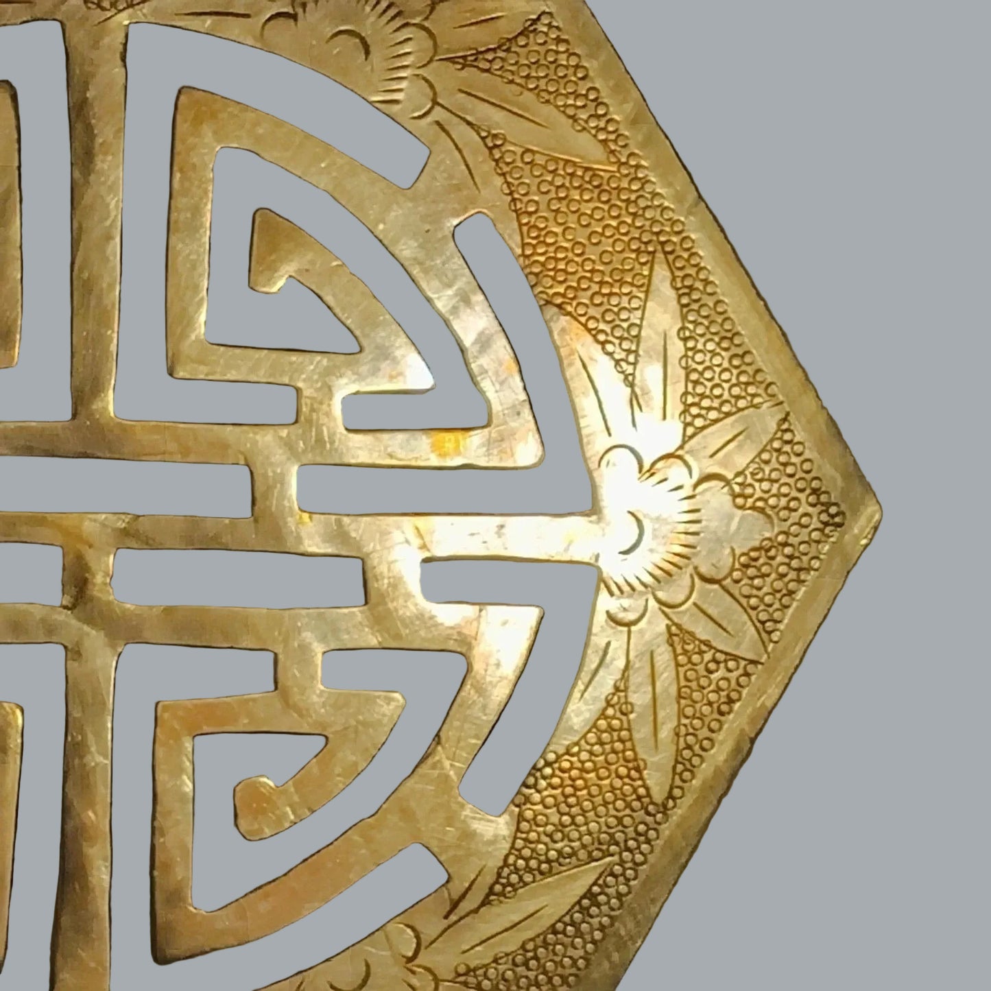 Vintage Brass Trivet 4.5" Hexagon Longevity Cutout Hot Plate