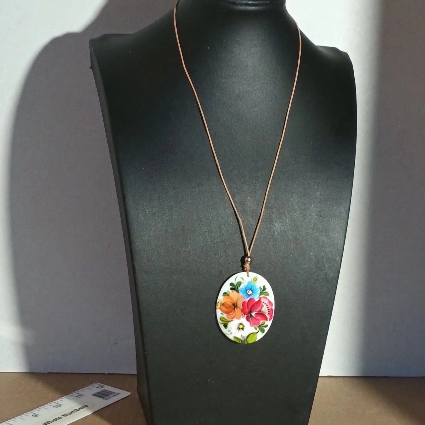 Hand Painted Mother of Pearl Floral Pendant Necklace Adjustable Cord