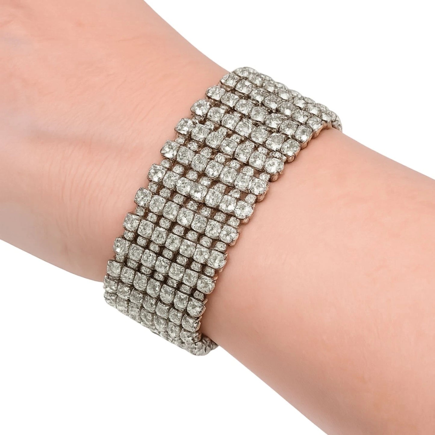 Vintage 7-Row Rhinestone Bracelet Silver Tone Box Clasp 6.5” x 1”