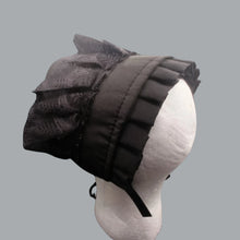 Load image into Gallery viewer, Black Elegant Lace-Trimmed Ruffled Bonnet with Black Bow Accent

