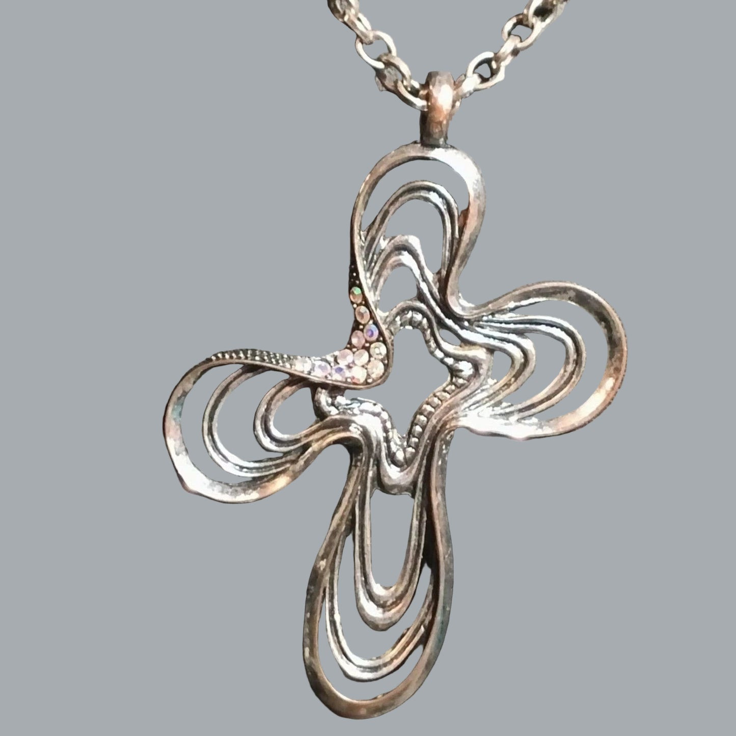 Jewelry Silver Openwork Cross Pendant Necklace Aurora Borealis Rhinestone Accent