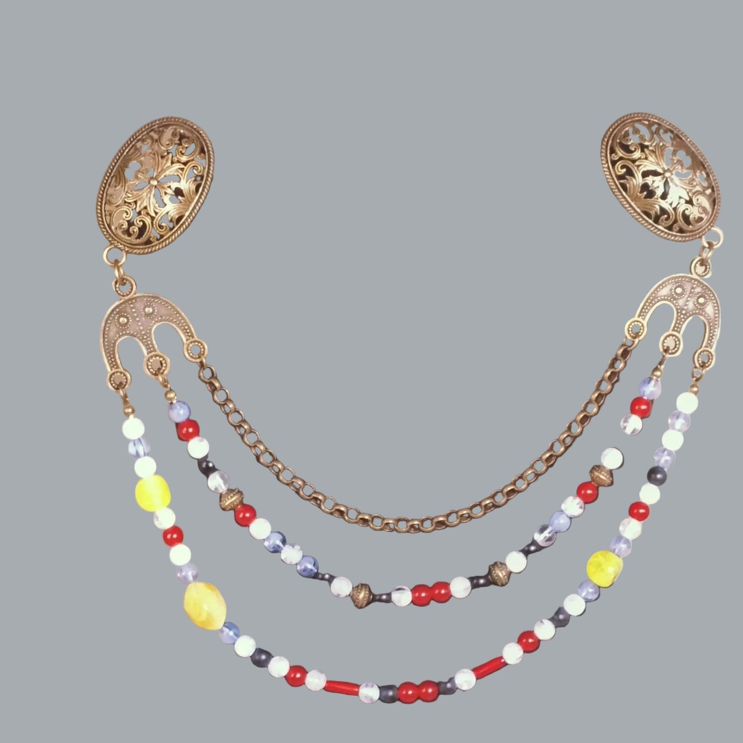 Viking Oval Brooch Pair w/ Chain & Beaded Drapes Cloak Pins NWT