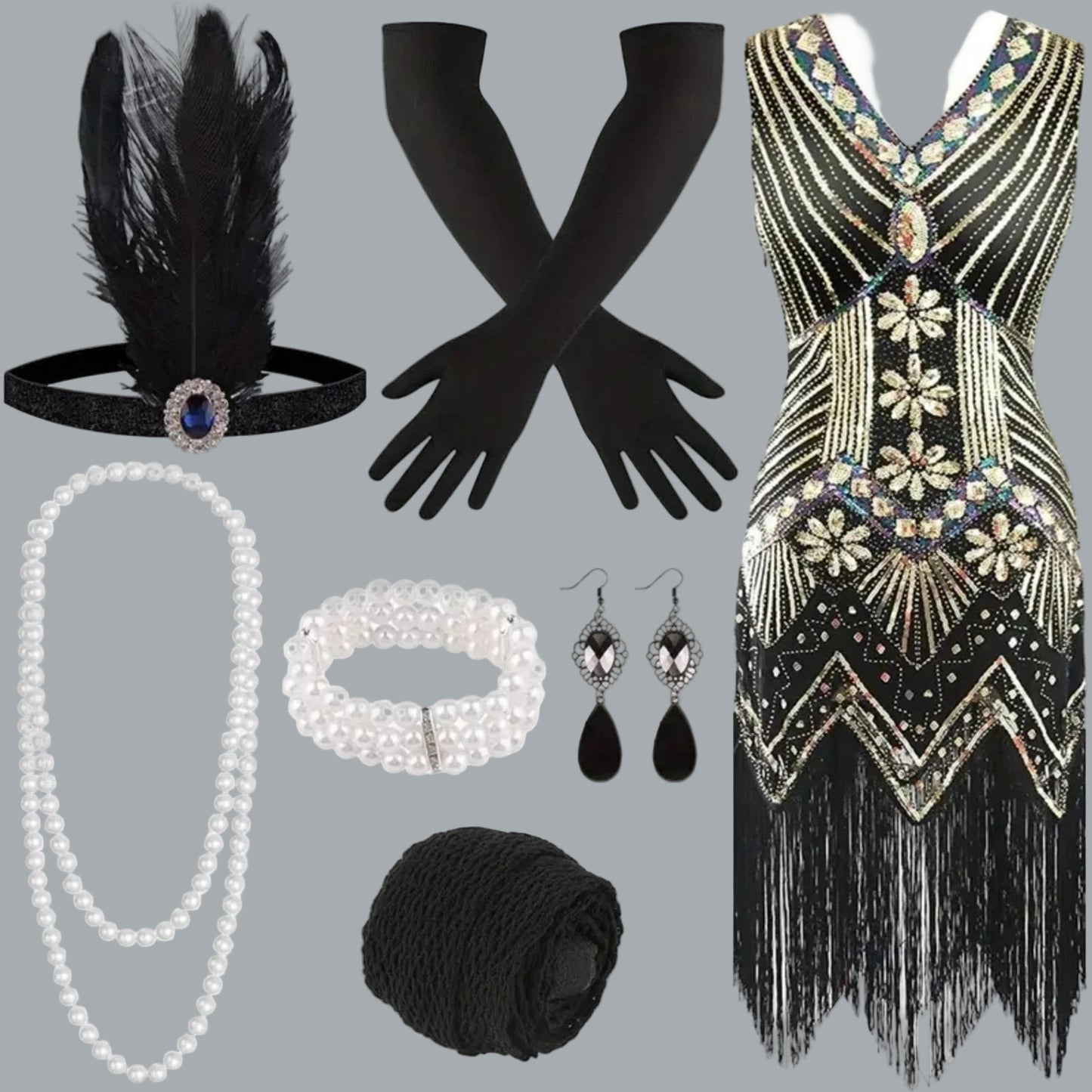Sequin Dress 1920s Sequin Beaded V Neck Fringed Dress & 20s Accessories Set Lg