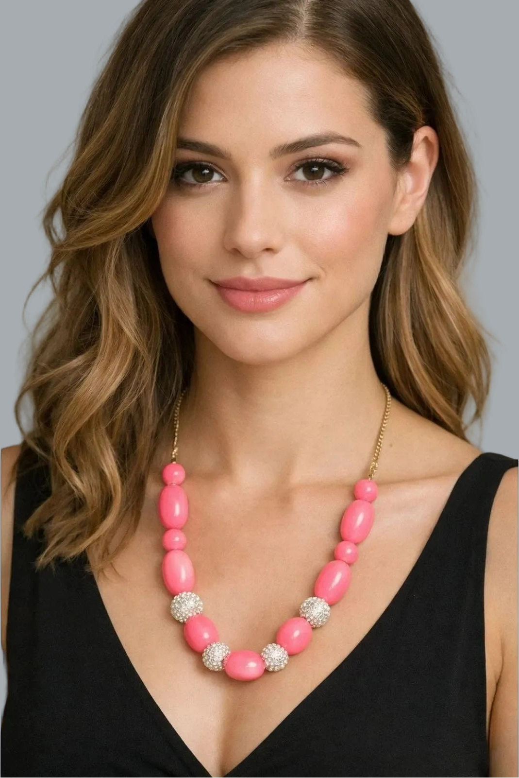 Hot Pink Bead & Rhinestone Ball Necklace 24" Gold Tone Chain Statement