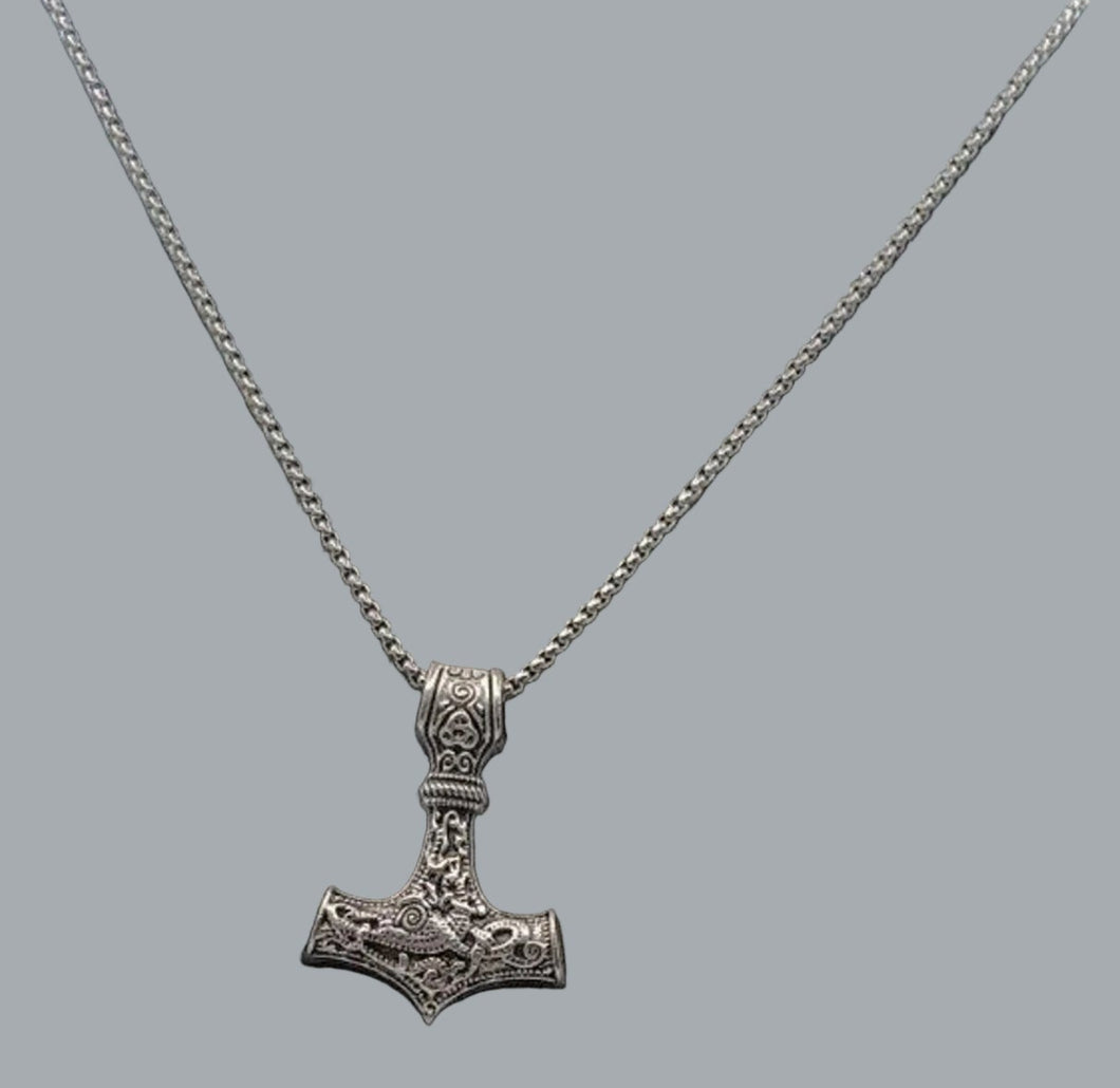 Viking Necklace Thor Hammer Celtic Pendant Nordic Amulet Silvertone 22