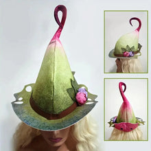 Load image into Gallery viewer, Whimsical Fantasy Green Felt Wizard Hat | Elf-Style with Pink &amp; Floral Accents
