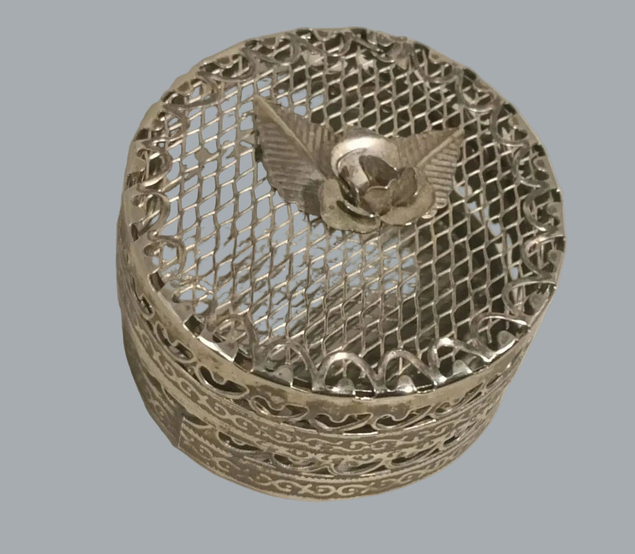 Vintage Silver Filigree Pomander Potpourri Box Rose Lid Incense 2.5"