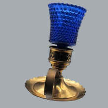 Load image into Gallery viewer, Pair of Vintage Brass Candlestick Holders &amp; Blue Hobnail Glass Hurricane Shades

