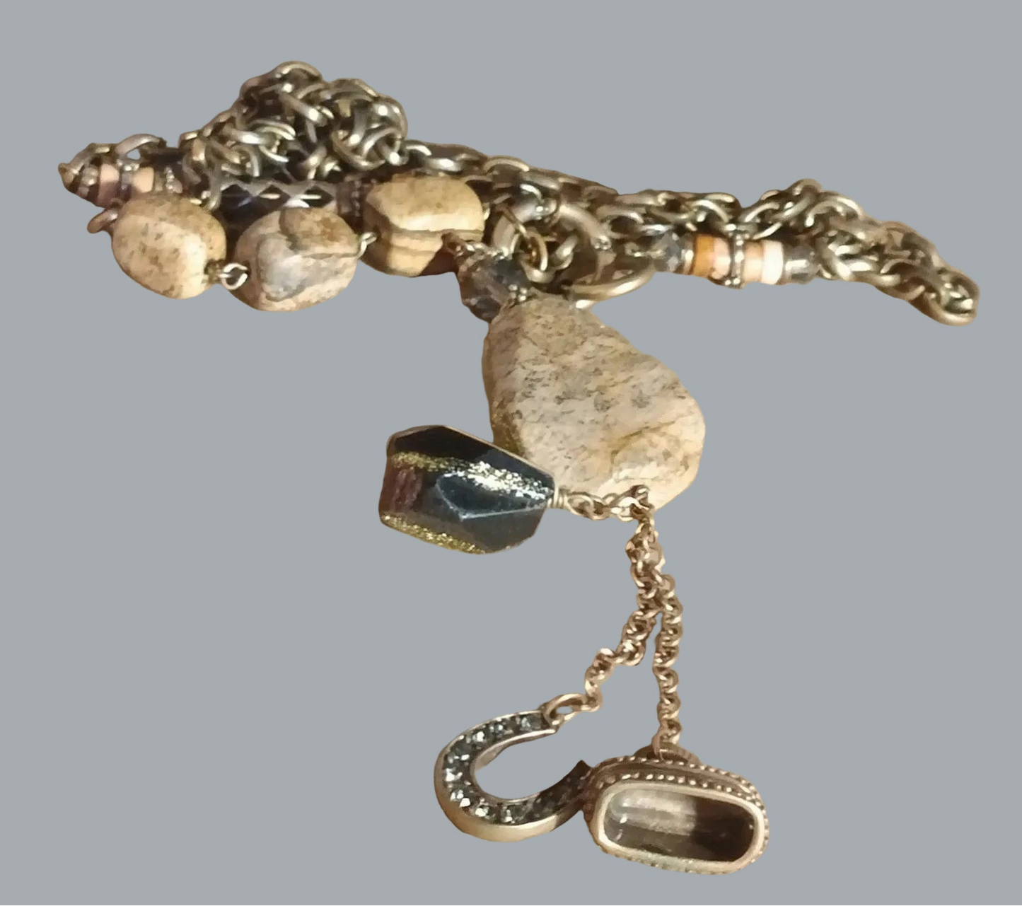 Boho Natural Stone Charm Necklace Antiqued Goldtone Chain 16” Statement