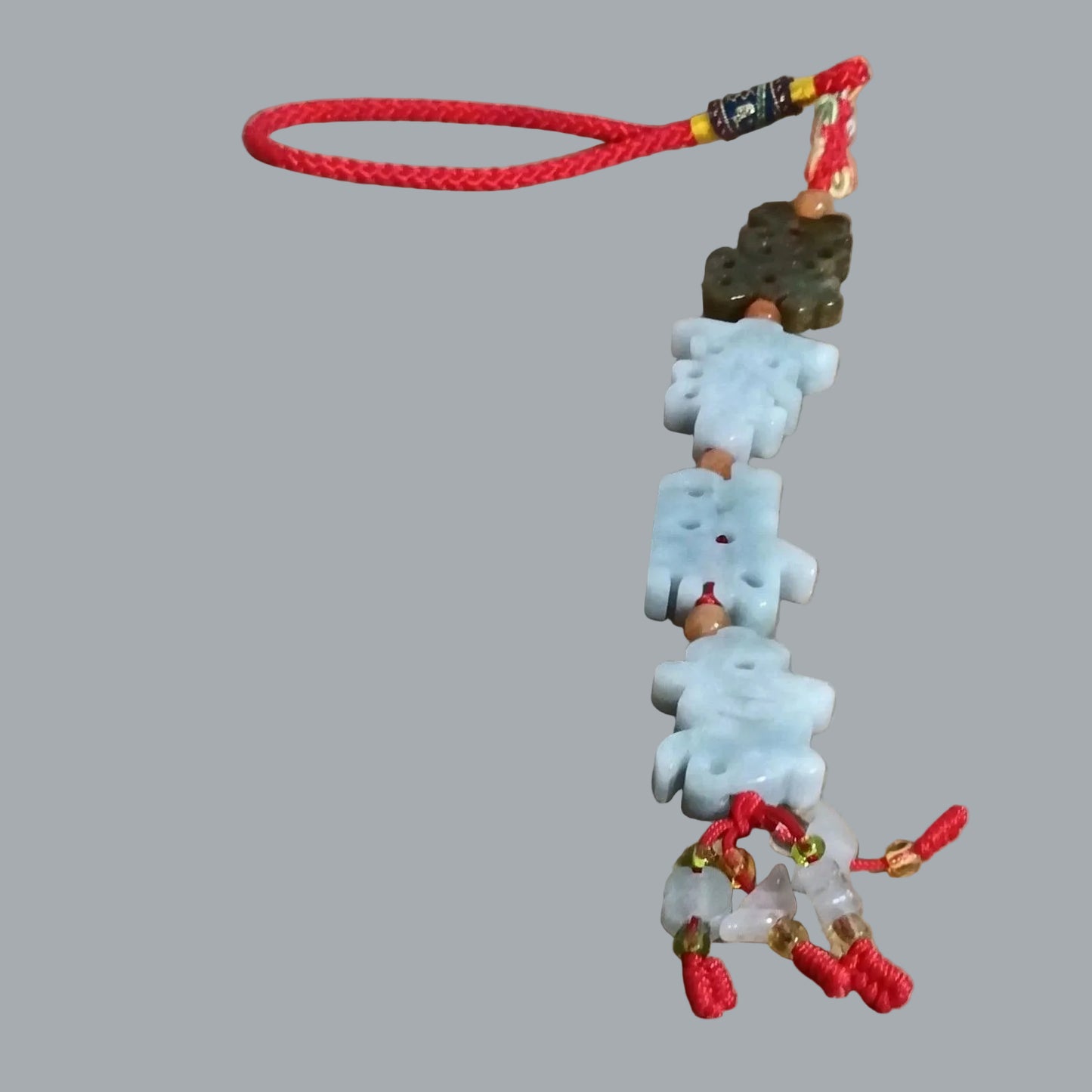 Carved 4 Stones Chinese Lucky Charm Red Cord Hanging Ornament Pendant 10" Long