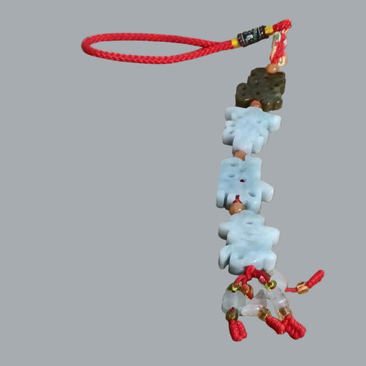 Carved 4 Stones Chinese Lucky Charm Red Cord Hanging Ornament Pendant 10" Long