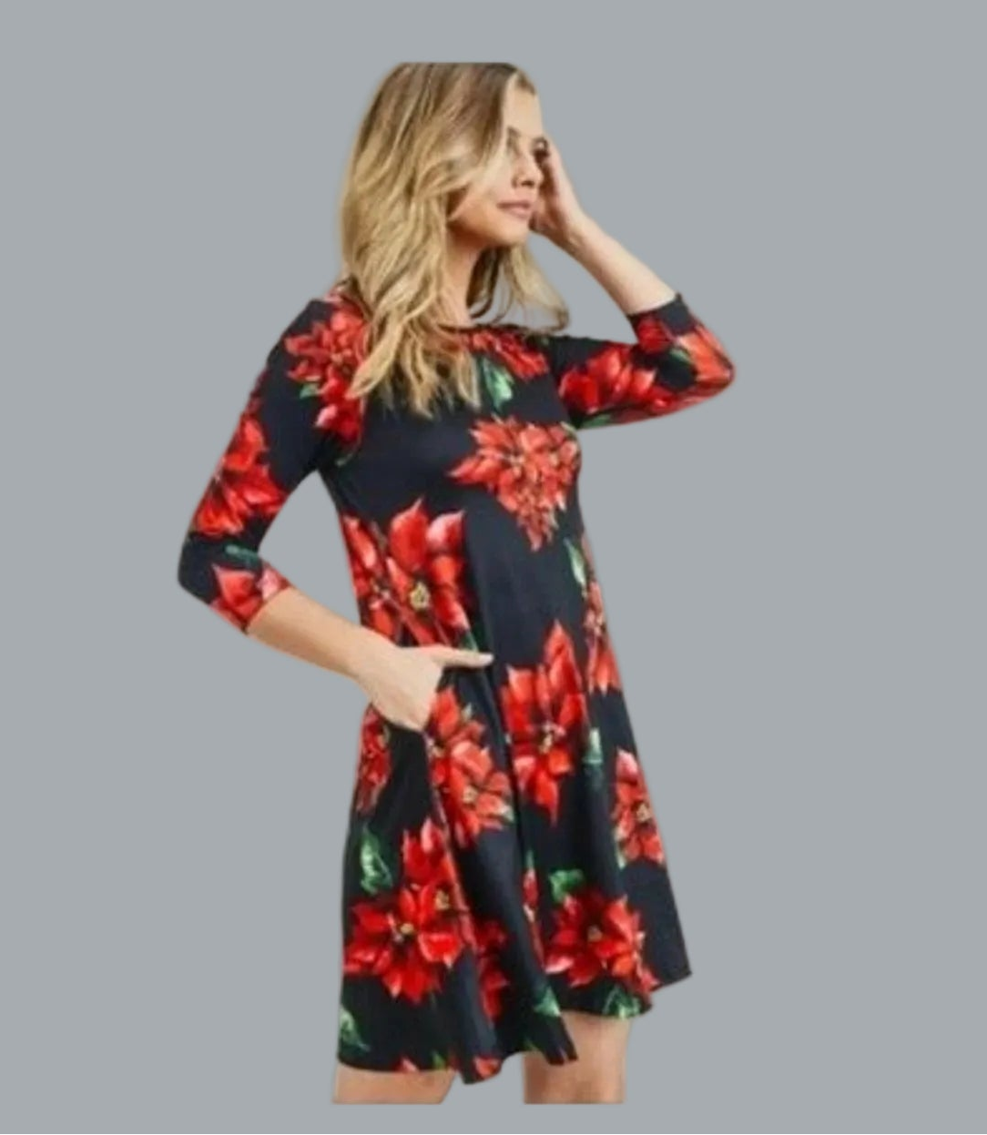 Black / Poinsettia 3/4 Sleeve Christmas Dress Medium