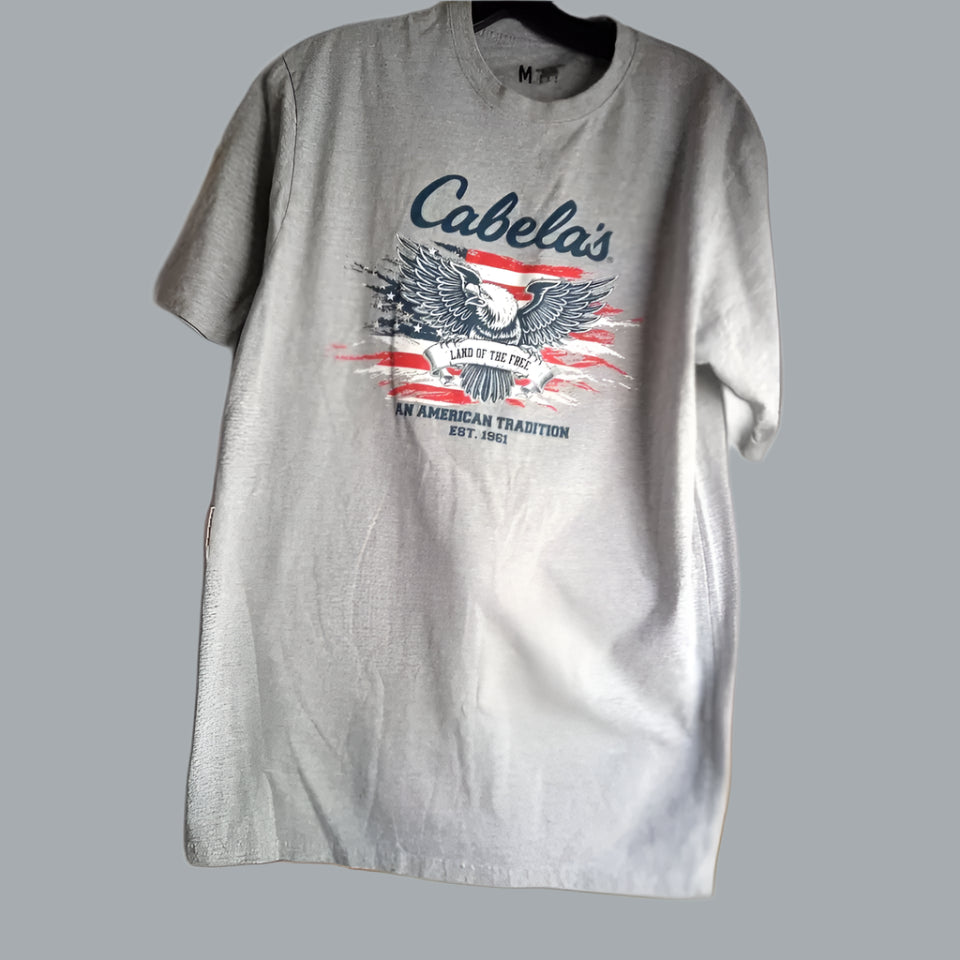 Cabela's Patriotic T-Shirt Men's M Gray "Land of the Free" an American Tradition