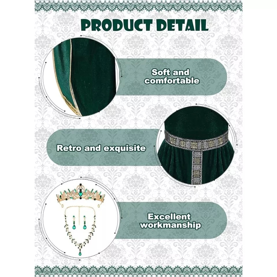 4 Pcs Medieval Women Princess Dress with Waistband Renaissance Green L