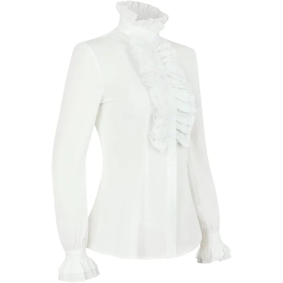 Victorian Gothic Shirt Vintage Ruffle Long Sleeve Blouse Tops XL White