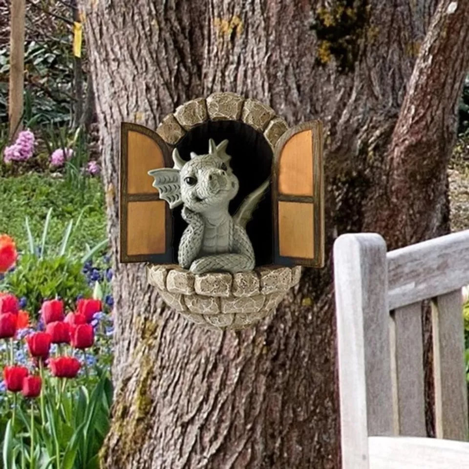 Window Shape Garden Dragon Statue, Wall Art Decor Indoor Outdoor