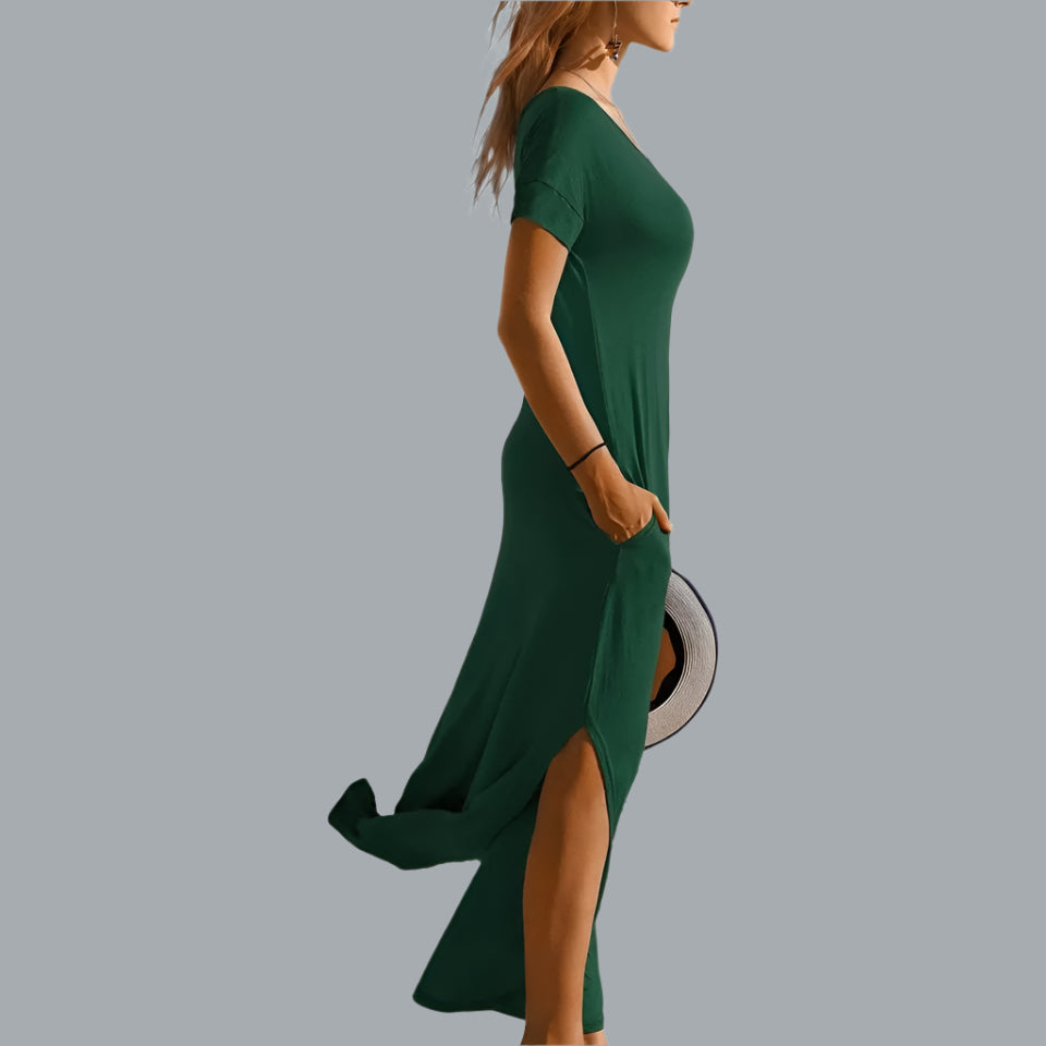 V Neck Short Sleeve Dress Open Back Side Split Midi Flowy Small Dark Green