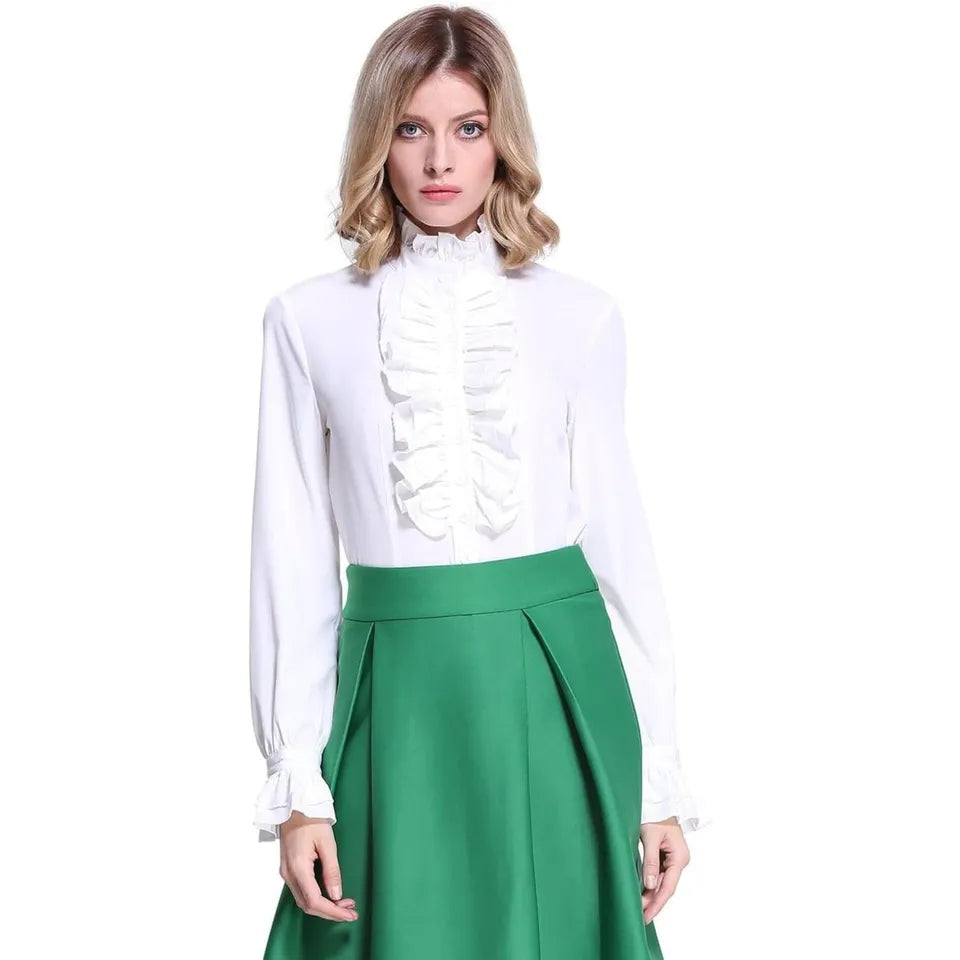 Victorian Gothic Shirt Vintage Ruffle Long Sleeve Blouse Tops XL White