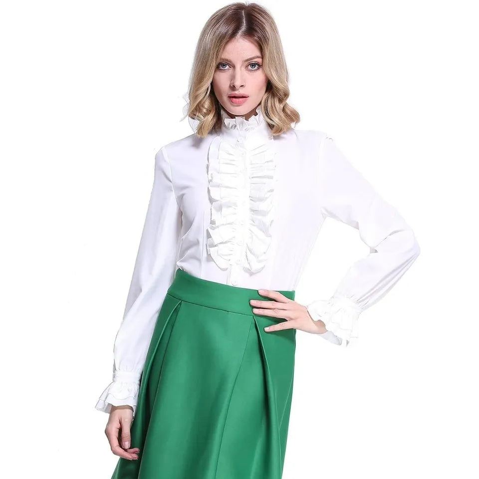 Victorian Gothic Shirt Vintage Ruffle Long Sleeve Blouse Tops XL White
