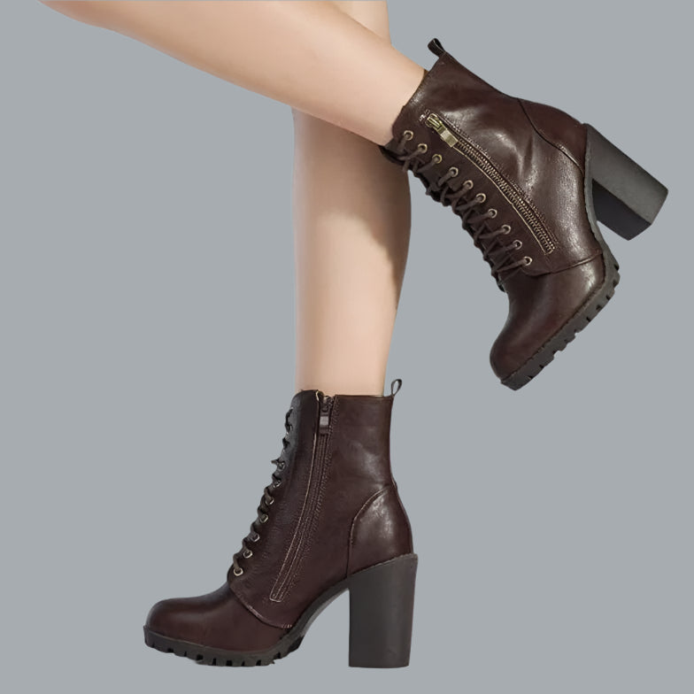 Women’s Chunky Heel Ankle Booties Zippered boots Brown 8.5