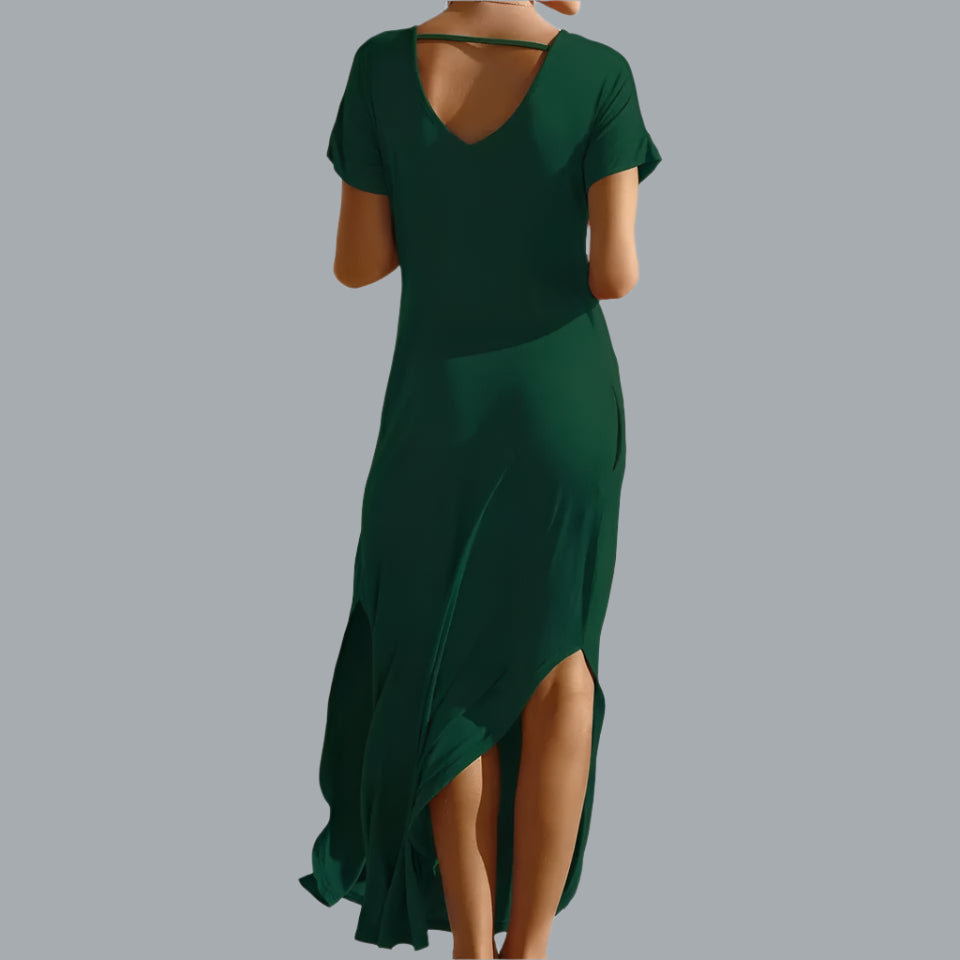V Neck Short Sleeve Dress Open Back Side Split Midi Flowy Small Dark Green