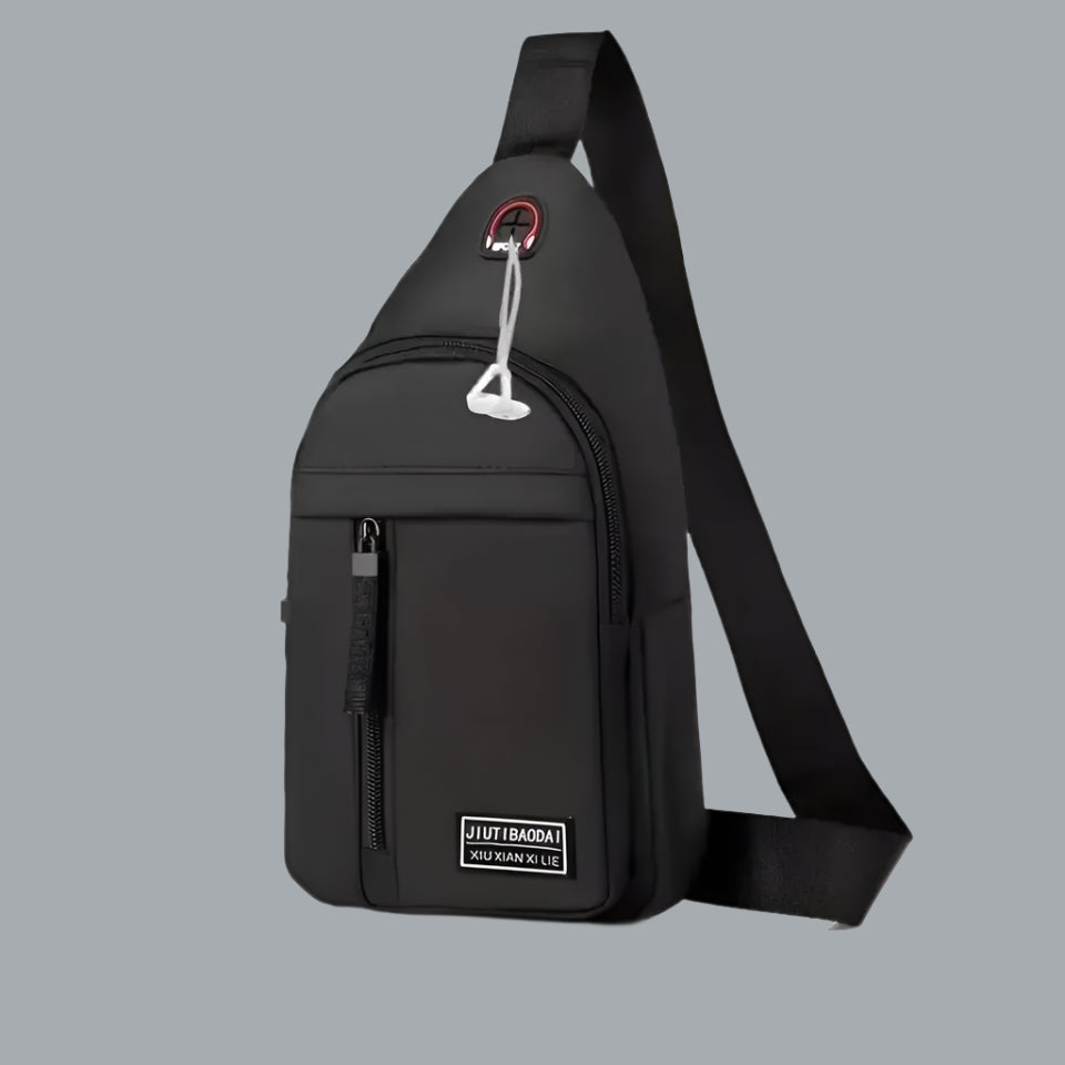 Black Nylon Leisure Sports Travel Chest Bag, Zipper Closure With Headphone Port