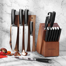 Load image into Gallery viewer, Knife Set, Emojoy 15 Piece Kitchen Knife Set with Block Wooden, German Stainless Steel Sharp Chef Knife Set with Sharpener, dishwasher safe and rust proof, Black
