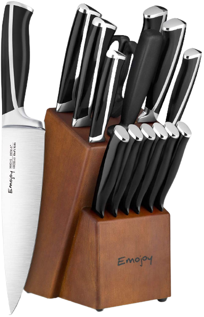 Emojoy Knives Set for Kitchen With Block,Rust Proof,15-Pcs Knife Set with  Block Wooden, Black Handle German Stainless Steel Cutlery Knife Set
