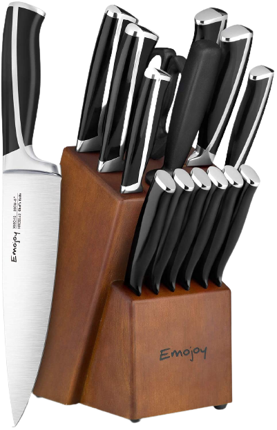 Knife Set, Emojoy 15 Piece Kitchen Knife Set with Block Wooden, German Stainless Steel Sharp Chef Knife Set with Sharpener, dishwasher safe and rust proof, Black