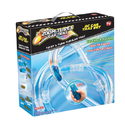 ZOOM TUBES CAR TRAX, 25-Pc RC Car Trax Set with 1 Blue Racer and Over 12ft of Tubes   Distressed Packaging