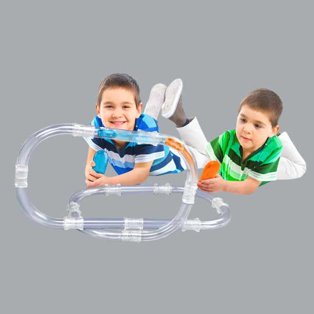 ZOOM TUBES CAR TRAX, 25-Pc RC Car Trax Set with 1 Blue Racer and Over 12ft of Tubes   Distressed Packaging